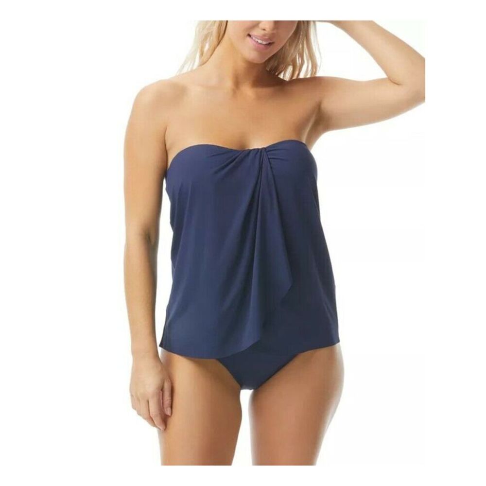 CONTOURS Women's Navy Draped Lined Stretch Clarity Bandeau Tankini 8 32C